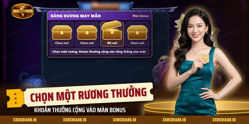 Bảng rương may mắn trong màn thưởng nổ hũ Tam Quốc với các rương đóng và một rương đã mở