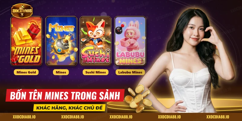 Bốn tên Mines Gold, Mines, Sushi Mines và Labubu Mines trong danh sách game