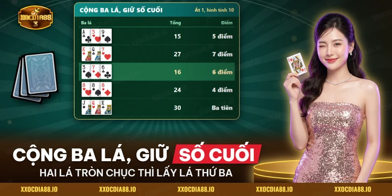 Bảng cộng ba lá bài cào rồi chỉ giữ chữ số hàng đơn vị của tổng
