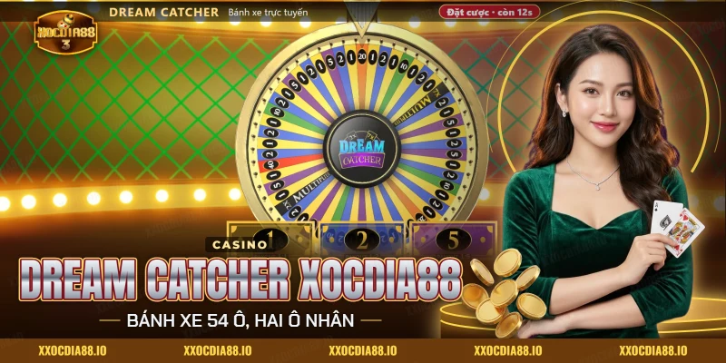 Dream Catcher Xocdia88 với bánh xe đứng chia thành các ô số và hai ô nhân