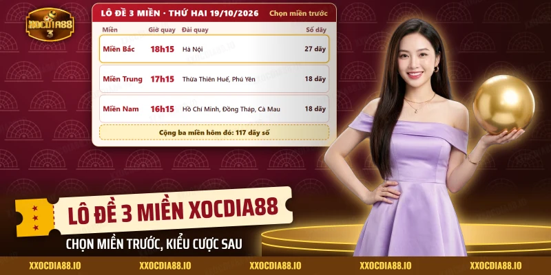 Lô đề 3 miền Xocdia88 với bảng giờ quay và đài quay của miền Bắc, miền Trung, miền Nam