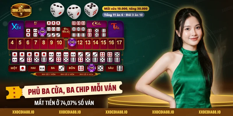 Ba chip Sicbo Xocdia88 đặt lên ba cửa khác nhau cùng kết quả ba xúc xắc của ván