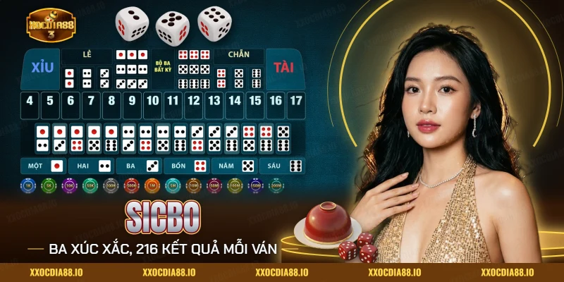 Sicbo Xocdia88 với ba xúc xắc và các cửa cược tổng, đôi, bộ ba