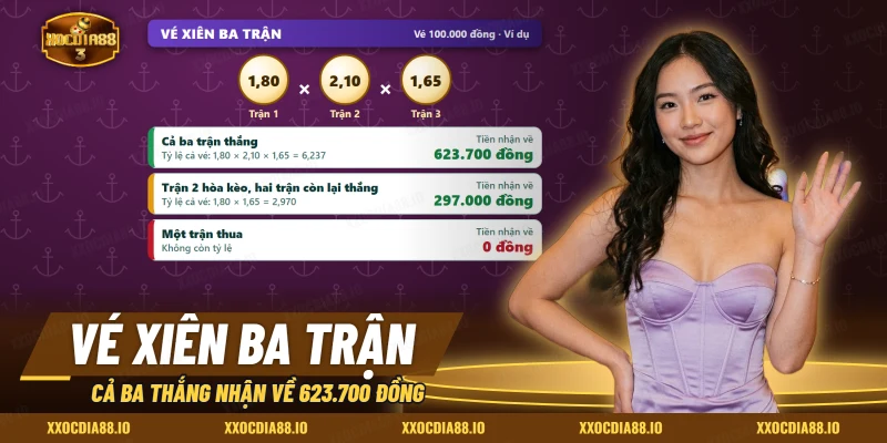 Bảng tính tiền vé xiên ba trận theo từng tình huống